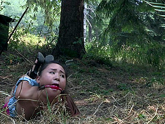 Cute Latina Elle Voneva tied up to a pole in the forest and abused